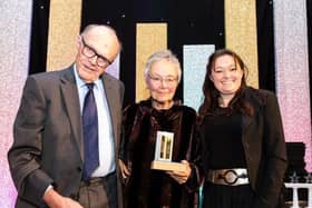 The winners of the Leamington Legends Awards - Archie and Marianne Pitts, with Stephanie Kerr (Executive Director - BID Leamington). Photo by Sally Evans Photography.