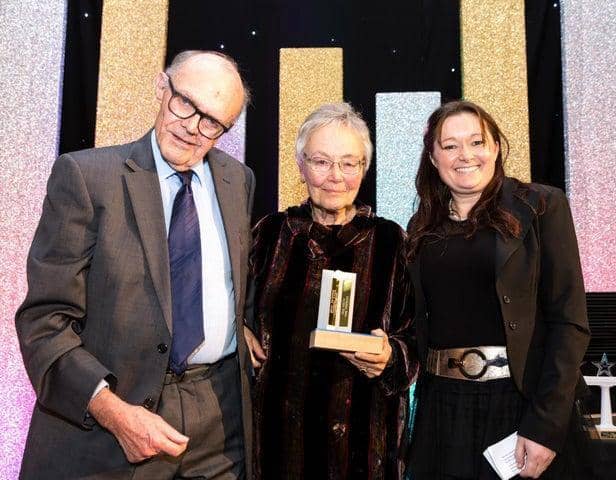 The winners of the Leamington Legends Awards - Archie and Marianne Pitts, with Stephanie Kerr (Executive Director - BID Leamington). Photo by Sally Evans Photography.