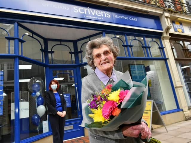 Customer Pat Stokes at Scrivens Opticians & Hearing Care, Rugby, with manager Sarah Cave in background.