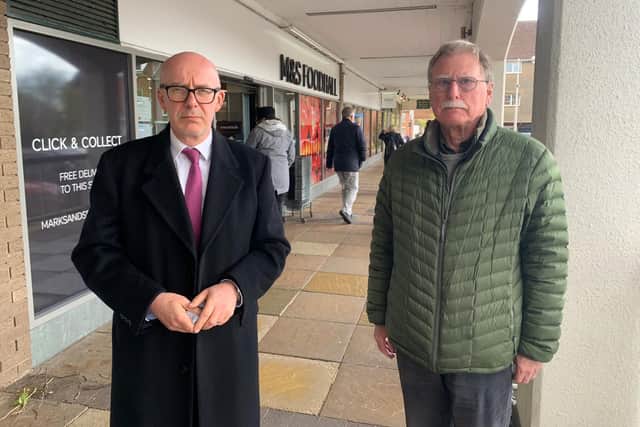 Warwick and Leamington MP Matt Western and Warwickshire County Councillor John Holland outside the Warwick M&S Simply Food store. Photo supplied