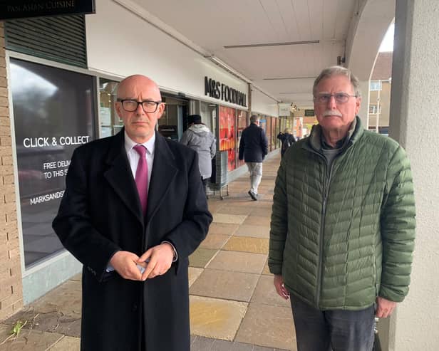 Warwick and Leamington MP Matt Western and Warwickshire County Councillor John Holland outside the Warwick M&S Simply Food store. Photo supplied