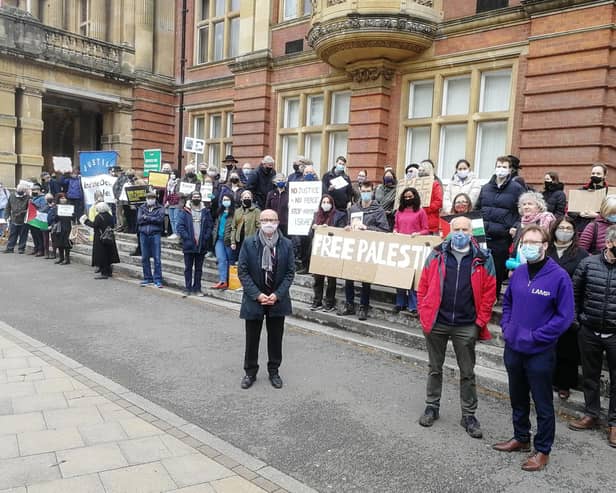 About 70 people joined a protest in Leamington town centre yesterday (Saturday) in support of the Palestinians in Israel, Gaza and the West Bank.