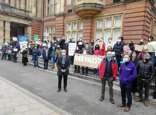 About 70 people joined a protest in Leamington town centre yesterday (Saturday) in support of the Palestinians in Israel, Gaza and the West Bank.