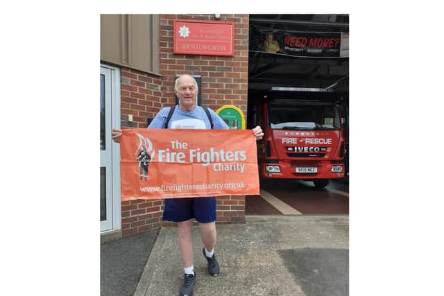 Henry leaving Kenilworth Fire Station in August 2020, during his 9.99 mile walk, in aid of the Fire Fighters' Charity 999 challenge.