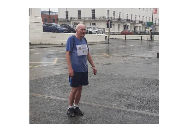 Henry arriving at Leamington Fire Service HQ in August 2020, during his 9.99 mile walk, in aid of the Fire Fighters' Charity 999 challenge.