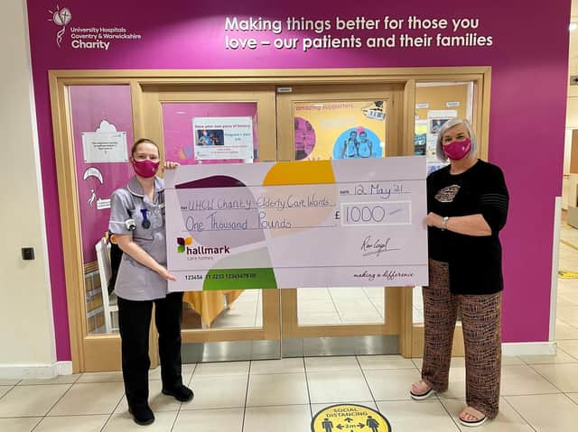 Left to right: Rachel Wyles (activity coordinator on ward) receives the cheque from Karen Handley (customer relationship manager at Anya Court Care Home)