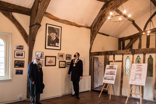 Warwick’s Mayor, Cllr Terry Morris with one of the Brethren, Brother Bill, looking at one of the displays. Photo by Gill Fletcher