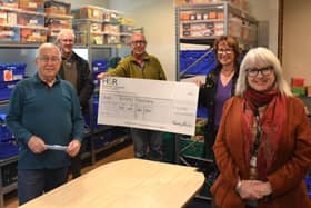 Left to right: Graham Yates (foodbank distribution volunteer); Malcolm Ainscough foodbank distribution volunteer); John Hemmings (foodbank engagement officer); Diana Mansell (foodbank team leader); Carol Cavanagh (volunteering coordinator for Warwickshire Community and Voluntary Action).