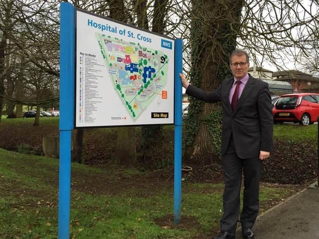 Rugby MP Mark Pawsey outside Rugby’s Hospital of St Cross.