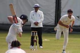 George Scrimshaw bowling against Oswestry  (Picture by Steve Johnson)