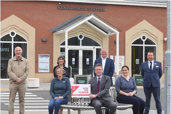 At Kenilworth Station were (from row, from left) Sarah Windrum (CWLEP), Jeremy Wright MP, Julia Singleton Tasker (Heart of England community rail partnership), and (back row, from left) Andy Garsed (Kenilworth Recovery), Helen Peters and Major Richard Carney (both Shakespeare's England), Francis Thomas (West Midlands Trains). Photo supplied