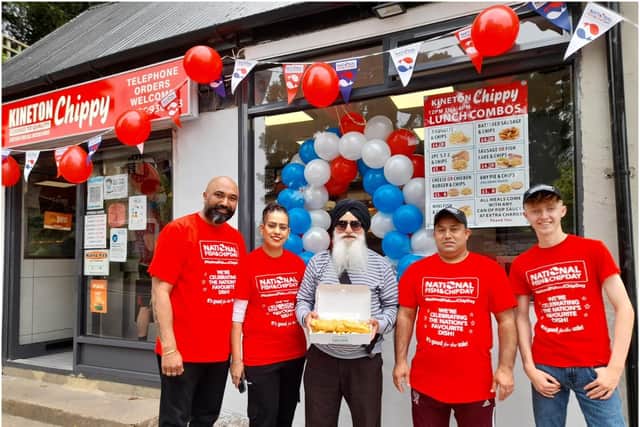 The Kineton Chippy. Pictured: Sukhpreet Singh, the chippy's owner, his wife, Juskiran Kaur, her father Makhan Singh, Nirmal Singh and Reece Ballinger)