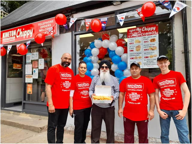 The Kineton Chippy. Pictured: Sukhpreet Singh, the chippy's owner, his wife, Juskiran Kaur, her father Makhan Singh, Nirmal Singh and Reece Ballinger)