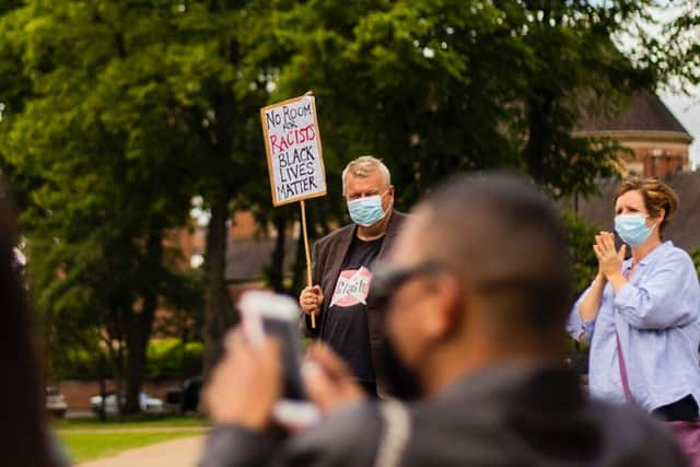 People gathered in Leamington today (Sunday) to mark a year since the death of George Floyd. Photo by Oliver Hindley.