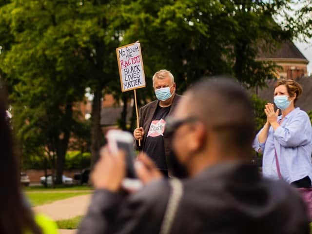 People gathered in Leamington today (Sunday) to mark a year since the death of George Floyd. Photo by Oliver Hindley.