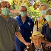 Pictured with Walter are Allan Fairweather (home manager) Pauline and Sarah (care staff) and Jacinda who is a close friend to Walter.