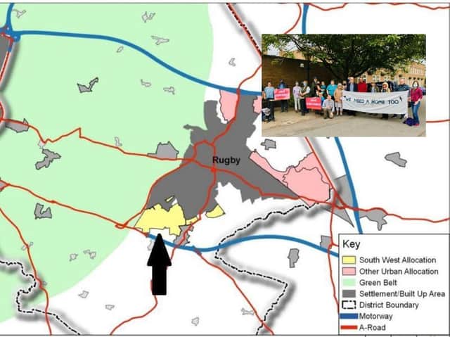 A map showing where the development will be built and, inset, protestors outside the Benn Hall yesterday.