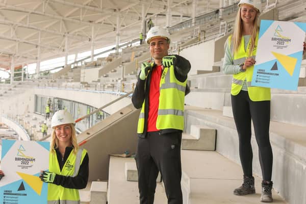 British athletes Kelly Petersen-Pollard, Delicious Orie  and Hannah England at the Alexander Stadium in Birmingham which is undergoing improvements before it hosts the Commonwealth Games in 2022.