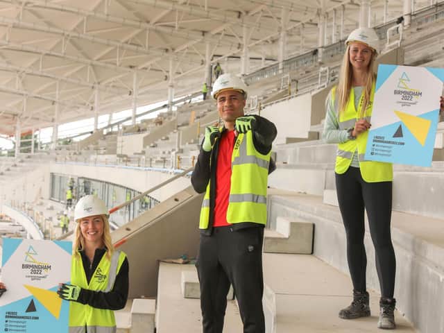 British athletes Kelly Petersen-Pollard, Delicious Orie  and Hannah England at the Alexander Stadium in Birmingham which is undergoing improvements before it hosts the Commonwealth Games in 2022.