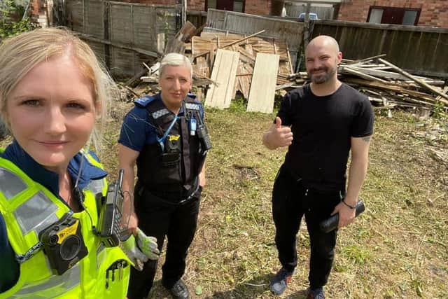 Police and neighbours got together to help maintain a garden - and help solve the problem of cats falling ill. Photo by Leamington Police.