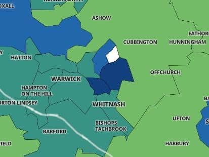 The wards of Leamington Brunswick and Leamington East and Sydenham are in dark blue - which means they have a high rate of Covid cases.