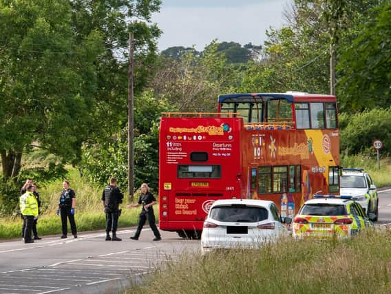 The crash between a bus and a car happened on B4100 (Banbury Road) near the junction with B4087 (Oakley Wood Road) near Bishops Tachbrook. Photo by Ryan Underwood.