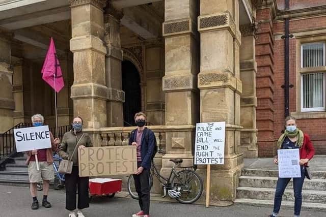 Representatives of the coalition of campaign groups held another demonstration outside Leamington Town Hall on Monday July 5 to protest against the Governments proposed Police, Crime, Sentencing and Courts Bill.