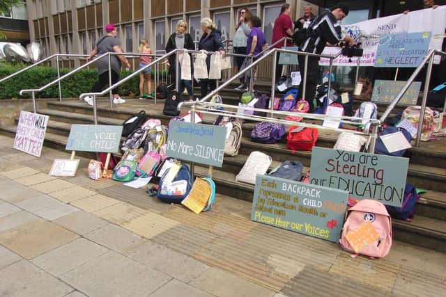 The backpack protest at Shire Hall in Warwick against what some parents and carers have described as a "crisis" in SEND services in Warwickshire. Photo by Geoff Ousbey.