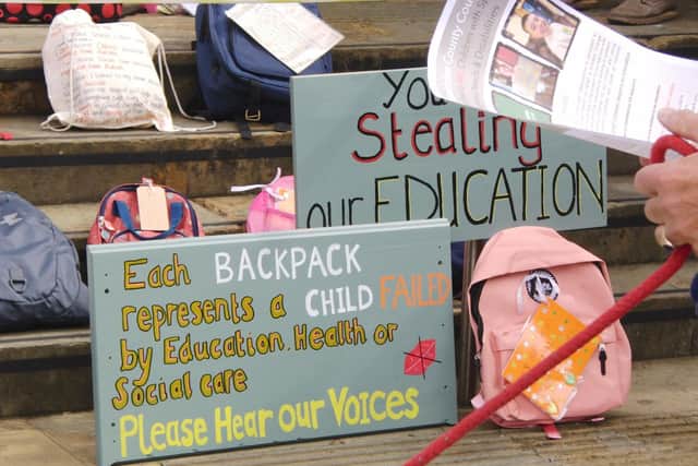 The backpack protest at Shire Hall in Warwick against what some parents and carers have described as a "crisis" in SEND services in Warwickshire. Photo by Geoff Ousbey.