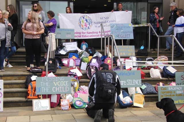 The backpack protest at Shire Hall in Warwick against what some parents and carers have described as a "crisis" in SEND services in Warwickshire. Photo by Geoff Ousbey.