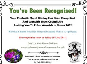 The Warwick in Bloom nomination card. Photo by Warwick Town Council