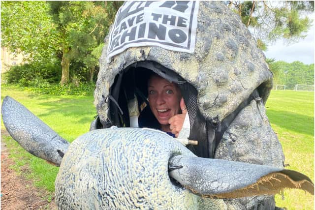Amber Bence is hoping to raise at least £1,000 for the Save the Rhino charity by taking on a half-marathon in full rhino costume. Photo supplied