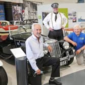 Warwick Kia managing director David Derbyshire, British Motor Museum explainer Jim Ellison and Leamington Rotary Club fundraising committee chairman Barry Andrews.