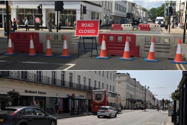 The Parade in Leamington during (top) and after (bottom) it was pedestrianised due to Covid-19 measures.