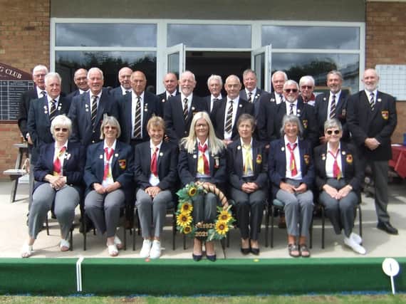 Members of Rugby Railway Bowls Club celebrating their centenary at the Warwickshire President’s game earlier this month