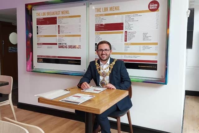 The Mayor of Warwick, Cllr Richard Edgington inside London Burger Kitchen. Photo supplied