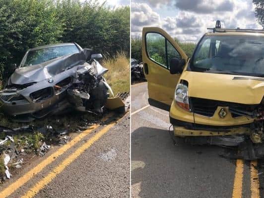 Two drivers were lucky to escape this head-on crash near Wellesbourne with minor injuries.