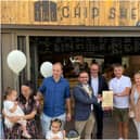 Left to right: Diana Yukawa, Dan's wife with their children Elsie and Lumi, Dan Chuter, Cllr Richard Edgington, Mayor of Warwick, Matt Western MP, Gregg Howard  and Caroline Howard, Gregg's wife. Photo supplied