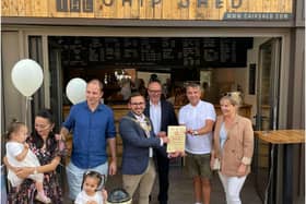 Left to right: Diana Yukawa, Dan's wife with their children Elsie and Lumi, Dan Chuter, Cllr Richard Edgington, Mayor of Warwick, Matt Western MP, Gregg Howard  and Caroline Howard, Gregg's wife. Photo supplied