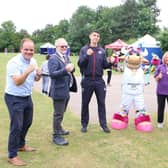 Liam Bartlett, Warwick District Council portfolio holder for culture, tourism and leisure; Cllr Adrian Barton, Mayor of Whitnash; Lewis Williams, GB boxer; official Birmingham 2022 Mascot Perry the Bull; Christina Boxer, past Olympian, Commonwealth Gold and Silver Medallist and Commonwealth Games project manager for Warwick District Council; Matt Western MP for Warwick and Leamington