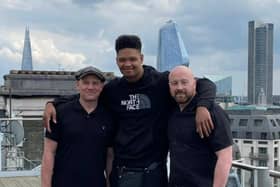 Cleary’s boxer Matty Harris with manager Max McCracken and trainer Edwin Cleary on top  of Wasserman HQ in London