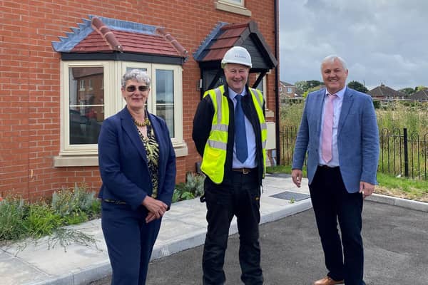 Pictured at the Cricketers Warwick District Council’s Head of Housing Lisa Barker, AC Lloyd Site Manager Dave Alcock and Councillor Jan Matecki.