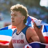 Ed Faulds celebrates victory in the European Under 20 championships (Picture Joosep Martinson / Getty Images for European Athletics)