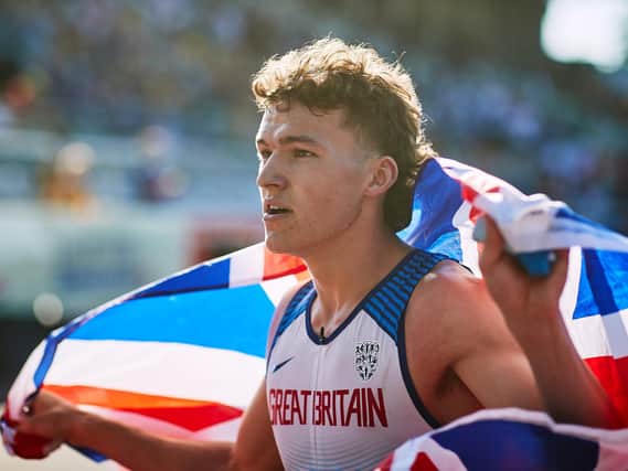 Ed Faulds celebrates victory in the European Under 20 championships (Picture Joosep Martinson / Getty Images for European Athletics)