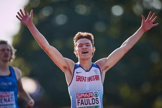 Double gold medallist Ed Faulds celebrates victory in the European Under 20 championships (Picture Joosep Martinson / Getty Images for European Athletics)