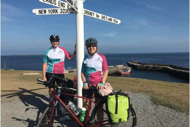 Helen Venn and her cousin Sally Morris have been cycling from John O-Groats to Lands End. Photo supplied