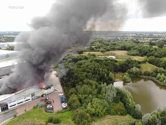 A photo by Warwickshire Fire and Rescue Service of the fire at Ram Enterprise in Ash Green.