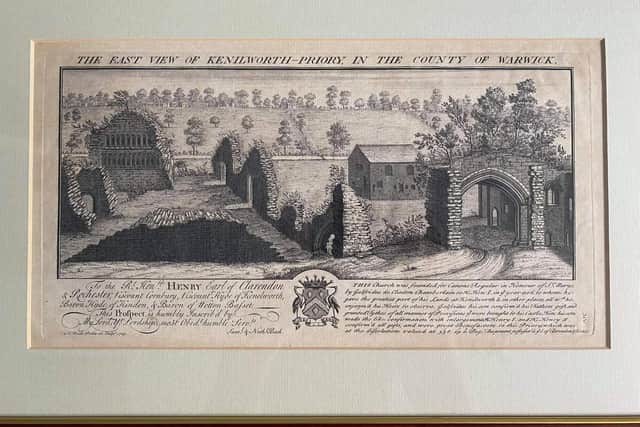 The Gatehouse (front, right) and the Barn (back, centre) in 1729 (from Samuel
and Nathaniel Bucks Engraving of the Ruins of Kenilworth Abbey, 1729. Published by permission of Matthew Bunting.