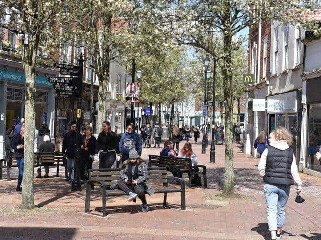 Rugby town centre, just after the most recent lifting of lockdown restrictions.