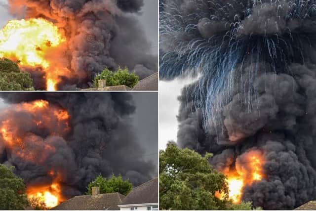 The moment when explosions started in today's (Friday's) huge Leamington fire. Photo by Nicholas Fisher.